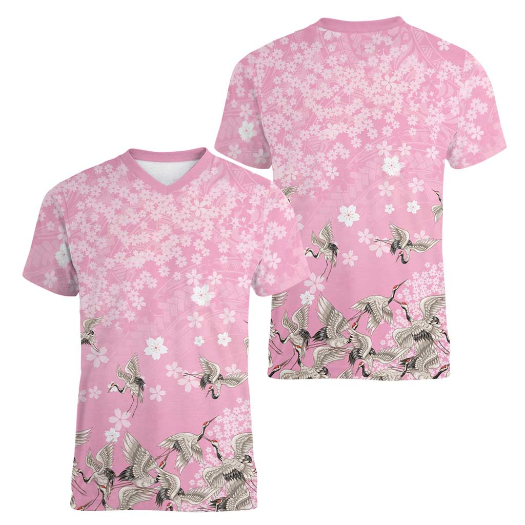 Cranes Sakura Floral Pink Pastel Women V-Neck T-Shirt Hawaii Japan Culture - Polynesian Pride