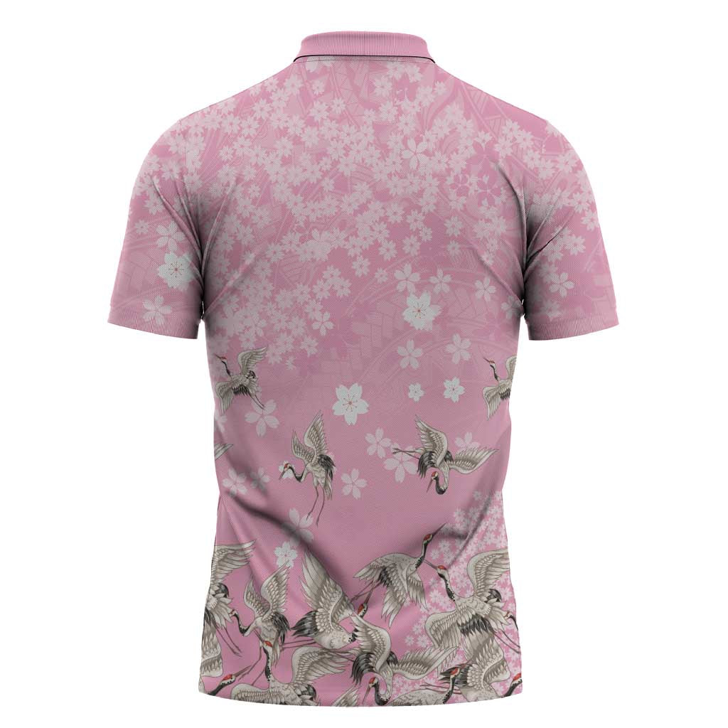 Cranes Sakura Floral Pink Pastel Zipper Polo Shirt Hawaii Japan Culture - Polynesian Pride