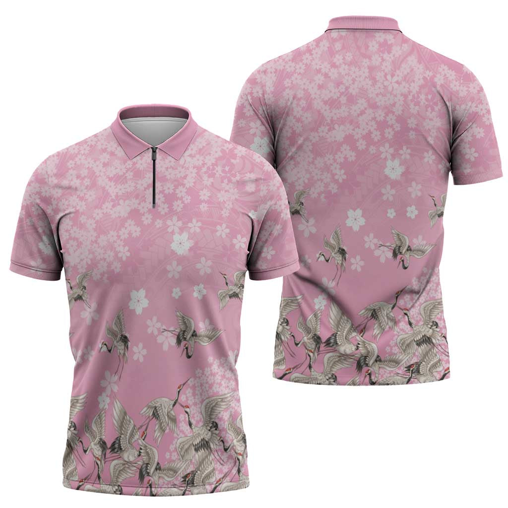 Cranes Sakura Floral Pink Pastel Zipper Polo Shirt Hawaii Japan Culture - Polynesian Pride