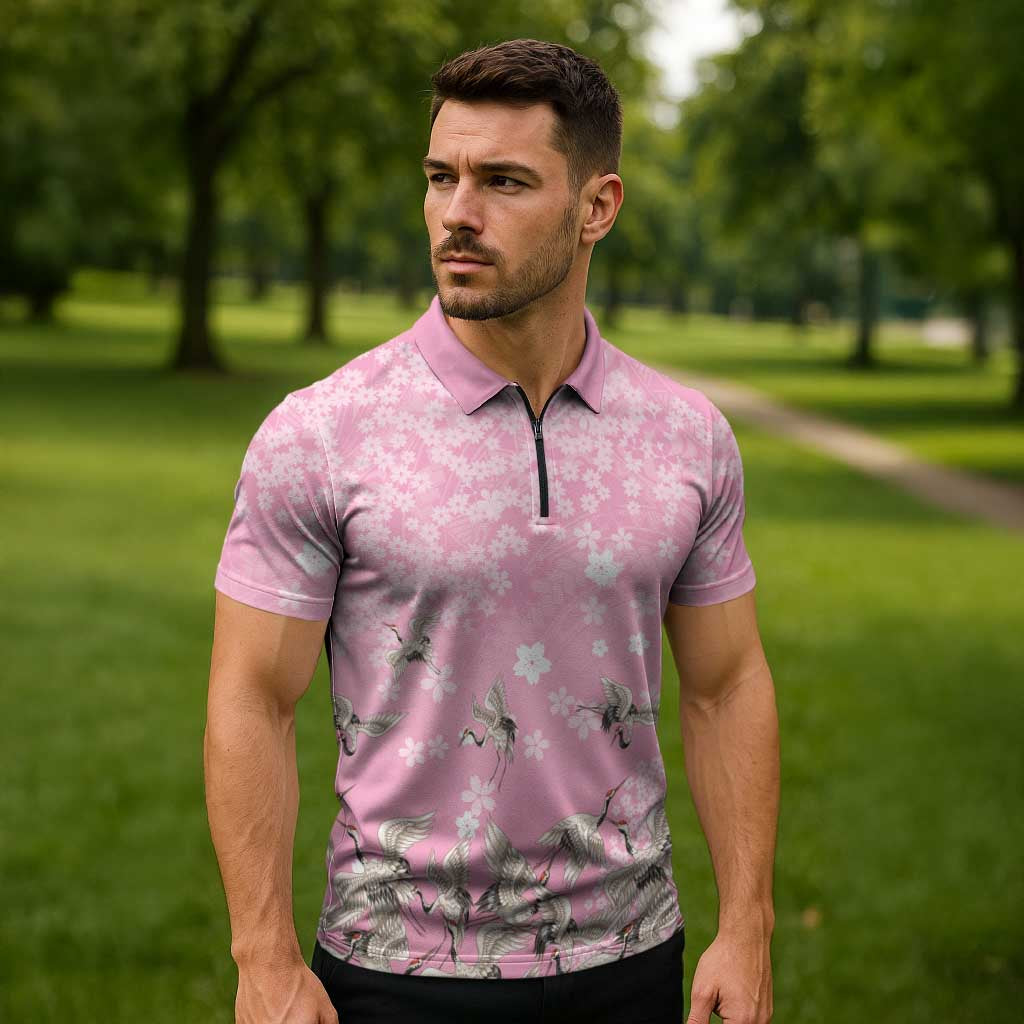 Cranes Sakura Floral Pink Pastel Zipper Polo Shirt Hawaii Japan Culture - Polynesian Pride