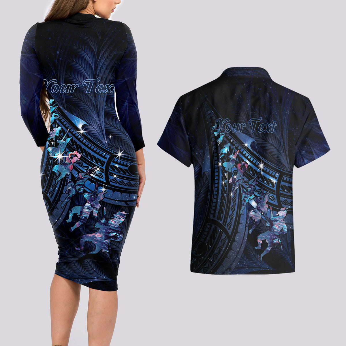 Personalised Matariki Paua Shell New Zealand Couples Matching Long Sleeve Bodycon Dress and Hawaiian Shirt Haka Dance At The Starry Night LT01 - Polynesian Pride