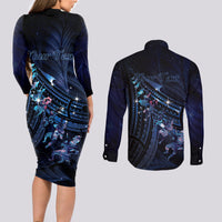 Personalised Matariki Paua Shell New Zealand Couples Matching Long Sleeve Bodycon Dress and Long Sleeve Button Shirt Haka Dance At The Starry Night LT01 - Polynesian Pride
