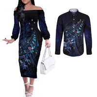 Personalised Matariki Paua Shell New Zealand Couples Matching Off The Shoulder Long Sleeve Dress and Long Sleeve Button Shirt Haka Dance At The Starry Night LT01 Black - Polynesian Pride