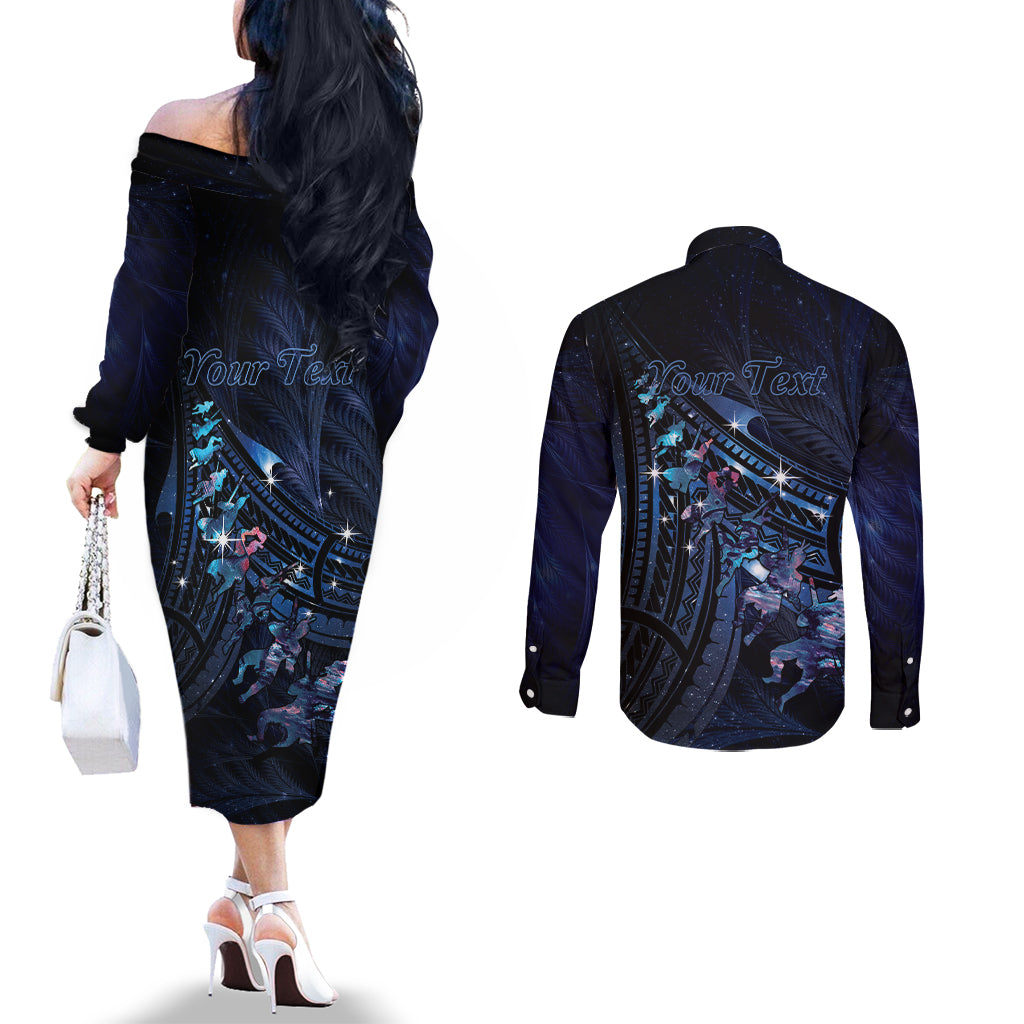 Personalised Matariki Paua Shell New Zealand Couples Matching Off The Shoulder Long Sleeve Dress and Long Sleeve Button Shirt Haka Dance At The Starry Night LT01 - Polynesian Pride