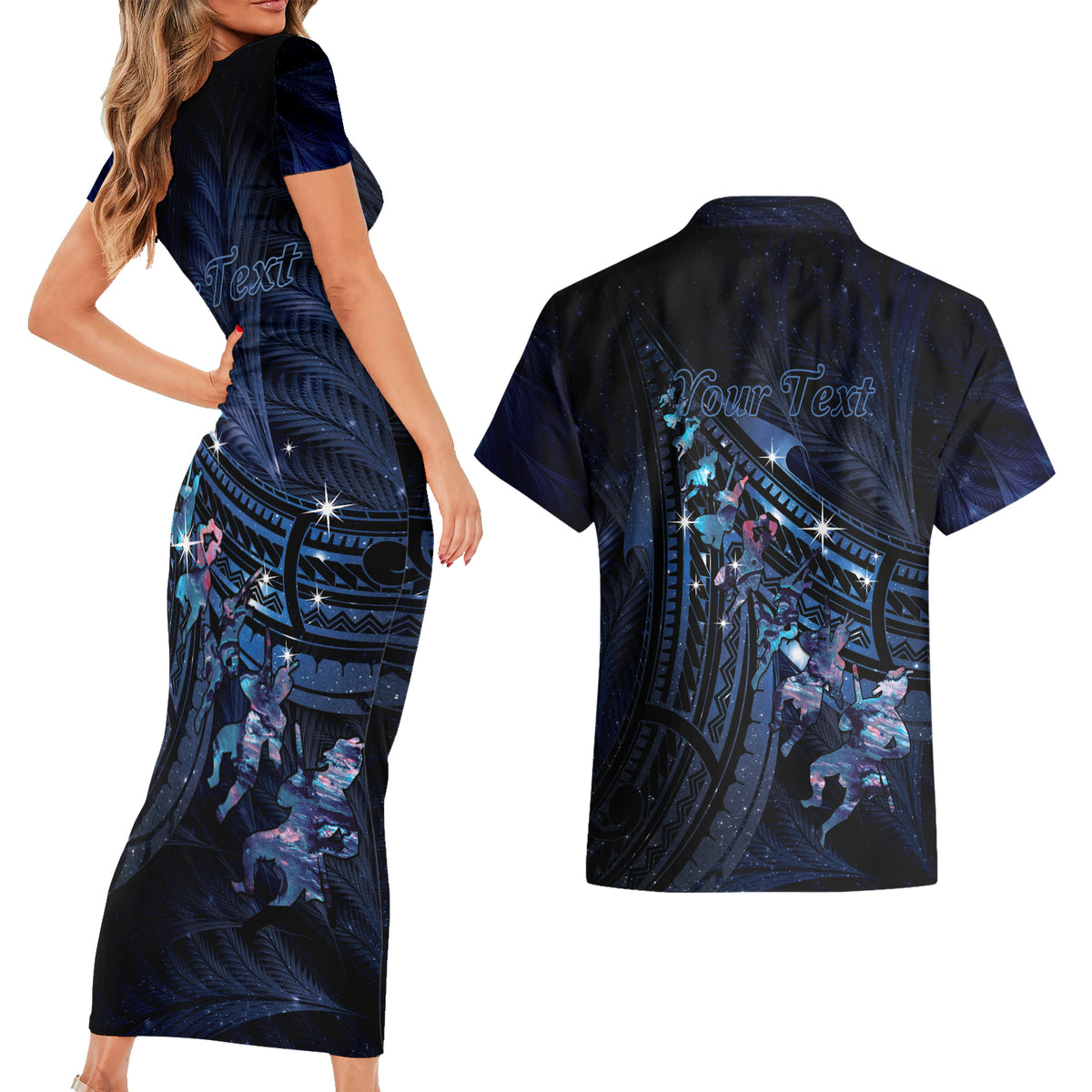 Personalised Matariki Paua Shell New Zealand Couples Matching Short Sleeve Bodycon Dress and Hawaiian Shirt Haka Dance At The Starry Night LT01 - Polynesian Pride