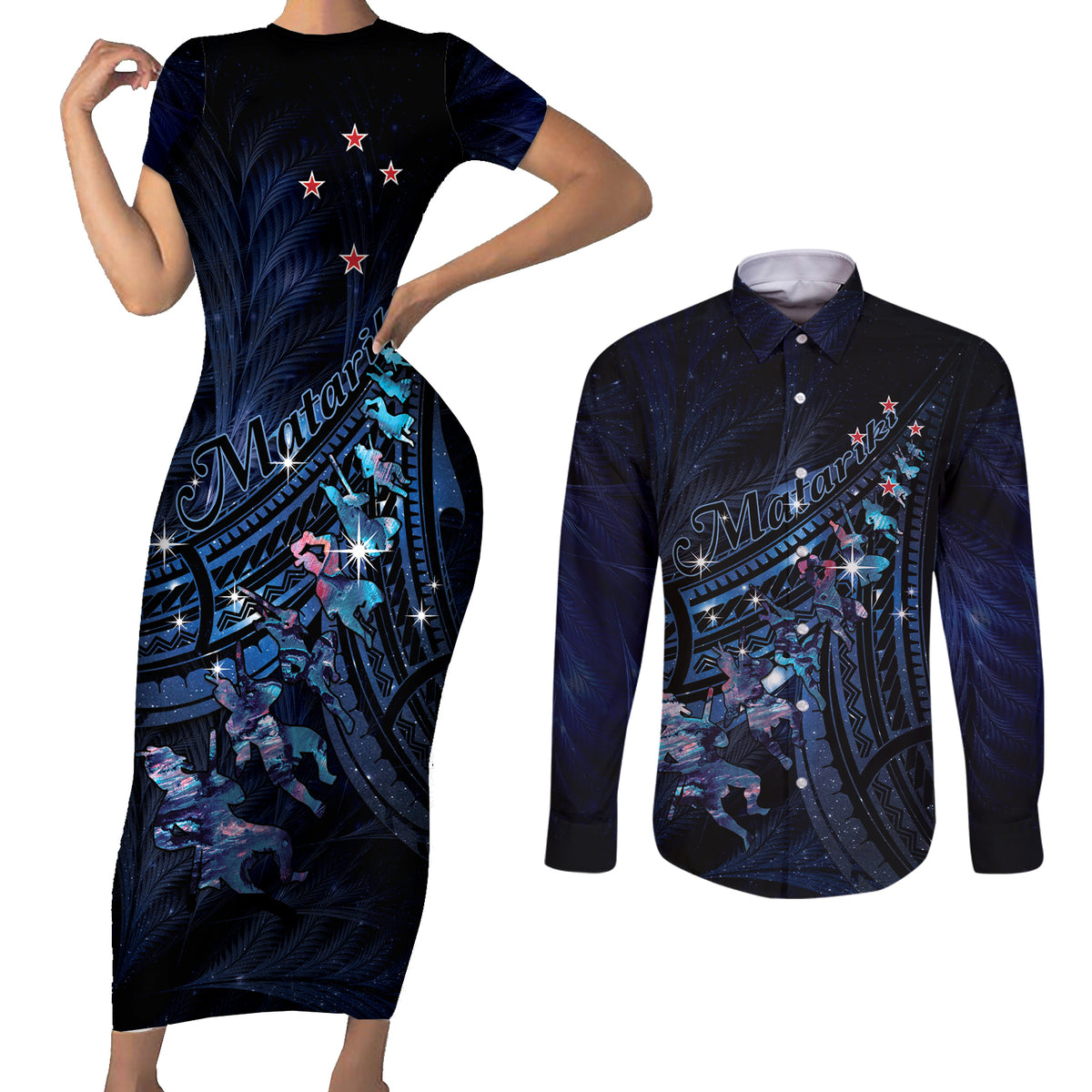 Personalised Matariki Paua Shell New Zealand Couples Matching Short Sleeve Bodycon Dress and Long Sleeve Button Shirt Haka Dance At The Starry Night LT01 Black - Polynesian Pride