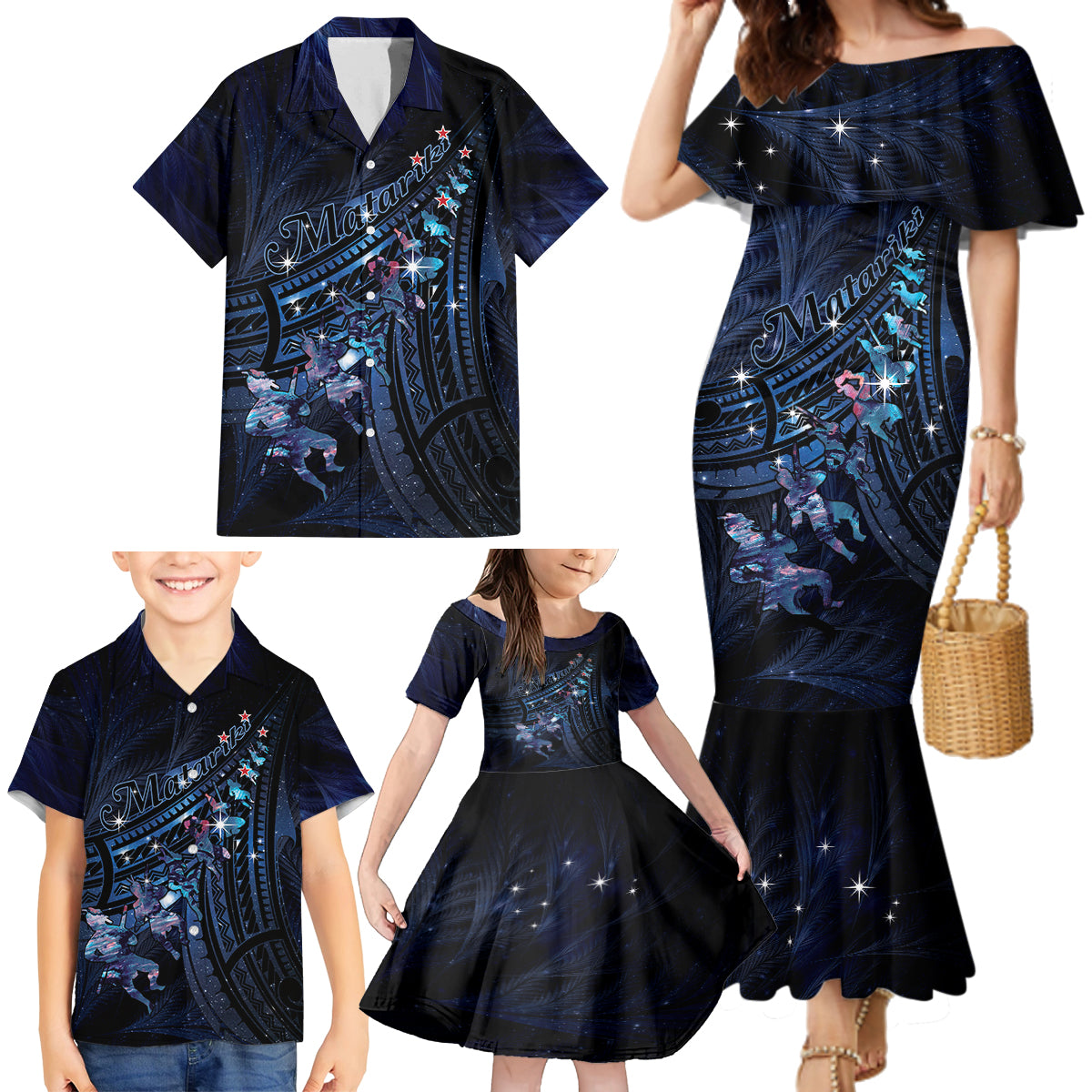 Personalised Matariki Paua Shell New Zealand Family Matching Mermaid Dress and Hawaiian Shirt Haka Dance At The Starry Night LT01 - Polynesian Pride