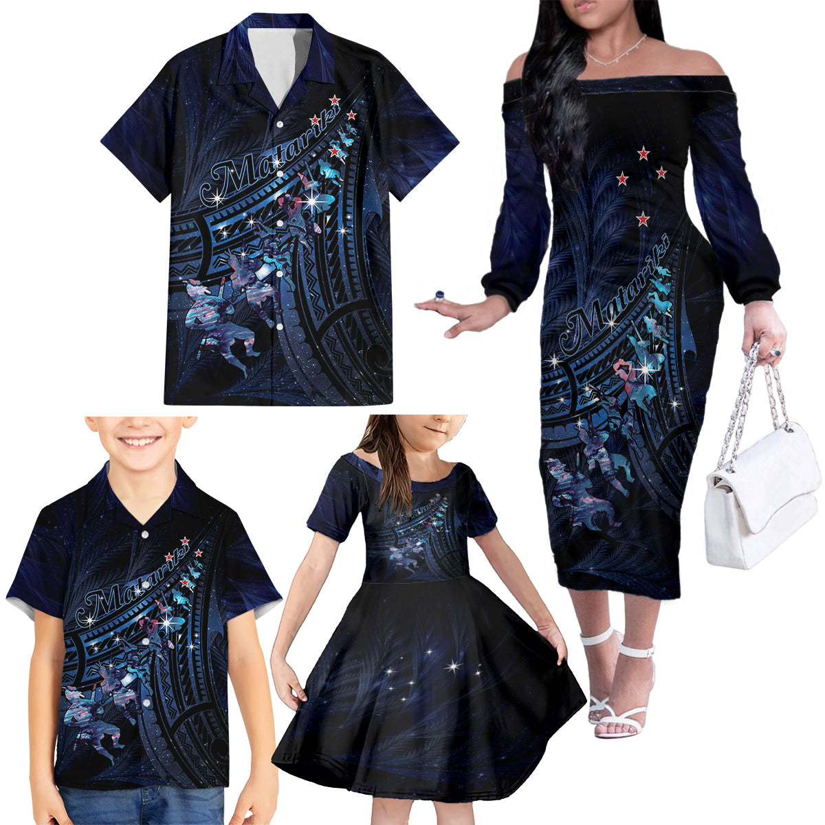Personalised Matariki Paua Shell New Zealand Family Matching Off The Shoulder Long Sleeve Dress and Hawaiian Shirt Haka Dance At The Starry Night LT01 - Polynesian Pride