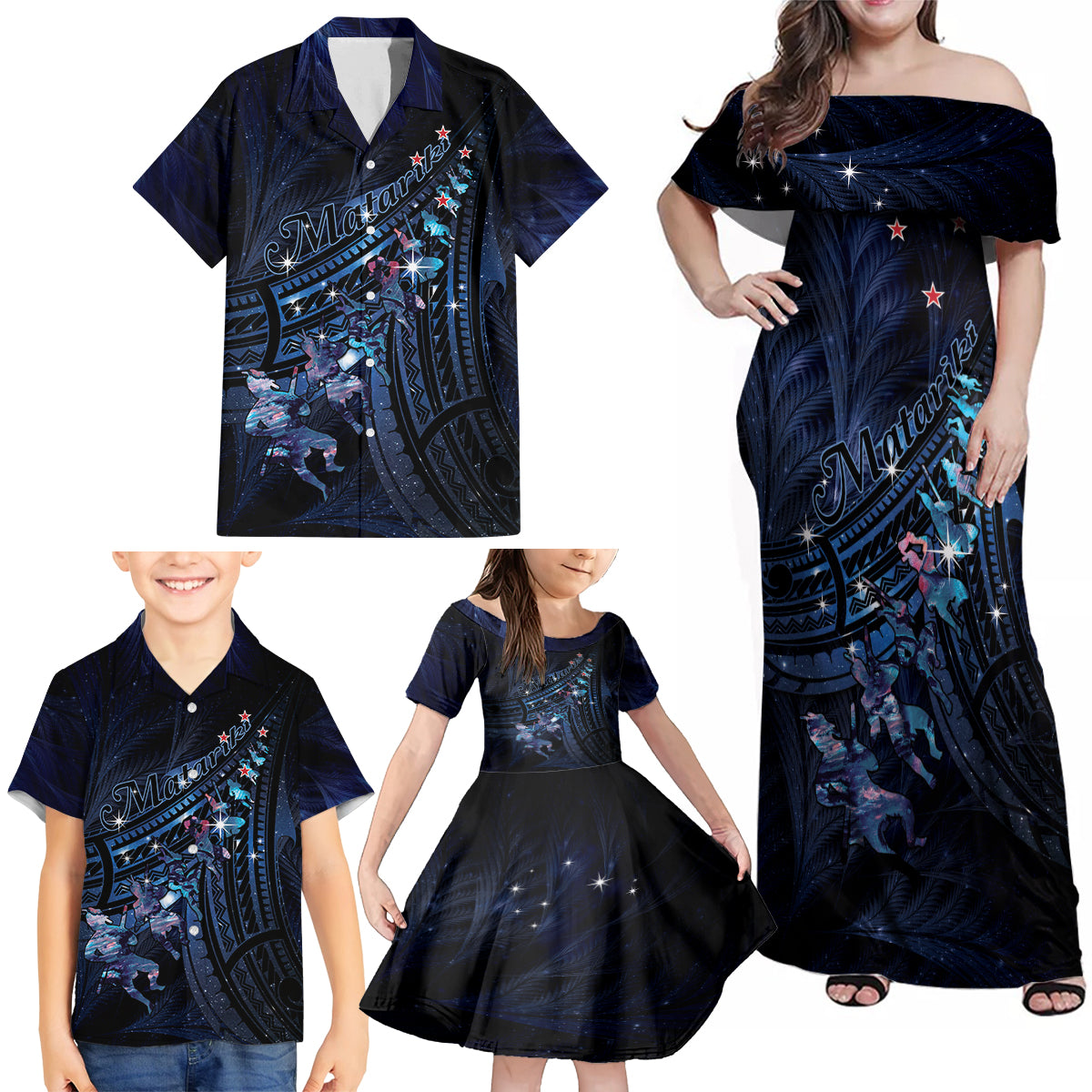 Personalised Matariki Paua Shell New Zealand Family Matching Off Shoulder Maxi Dress and Hawaiian Shirt Haka Dance At The Starry Night LT01 - Polynesian Pride