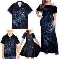 Personalised Matariki Paua Shell New Zealand Family Matching Off Shoulder Maxi Dress and Hawaiian Shirt Haka Dance At The Starry Night LT01 - Polynesian Pride