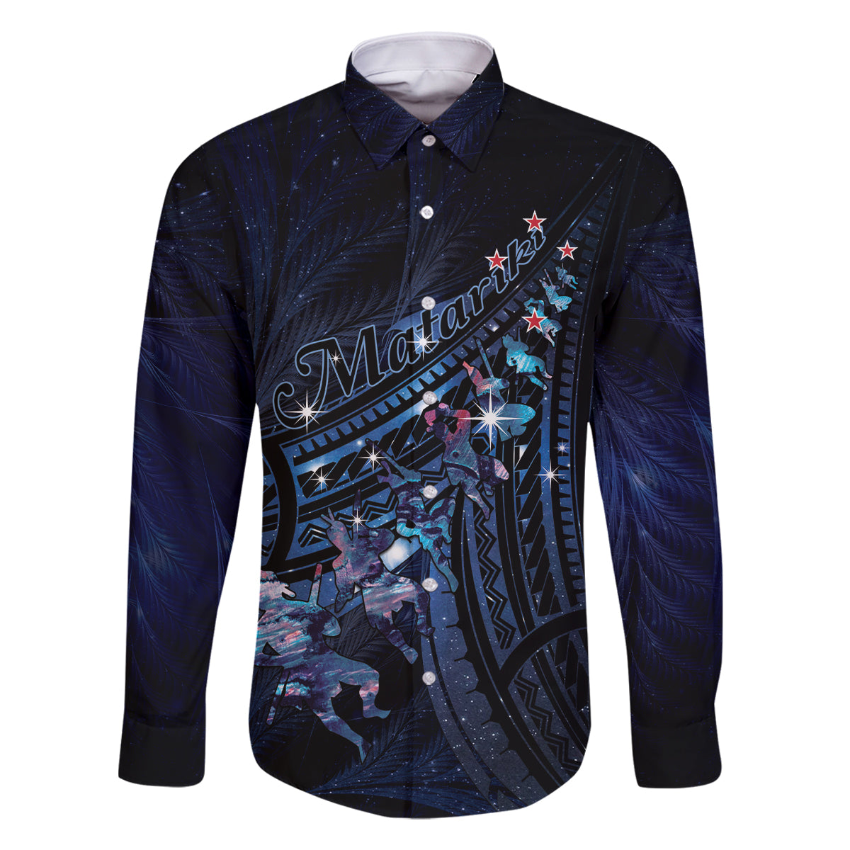 Personalised Matariki Paua Shell New Zealand Family Matching Off Shoulder Maxi Dress and Hawaiian Shirt Haka Dance At The Starry Night LT01 Dad's Shirt - Long Sleeve Black - Polynesian Pride