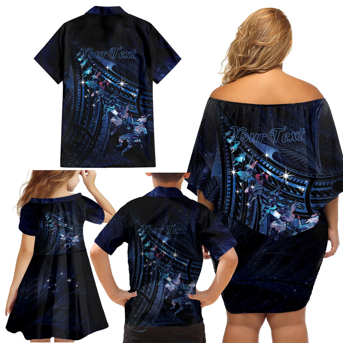Personalised Matariki Paua Shell New Zealand Family Matching Off Shoulder Short Dress and Hawaiian Shirt Haka Dance At The Starry Night LT01 - Polynesian Pride