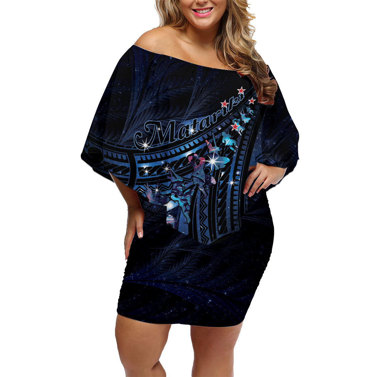 Personalised Matariki Paua Shell New Zealand Family Matching Off Shoulder Short Dress and Hawaiian Shirt Haka Dance At The Starry Night LT01 Mom's Dress Black - Polynesian Pride