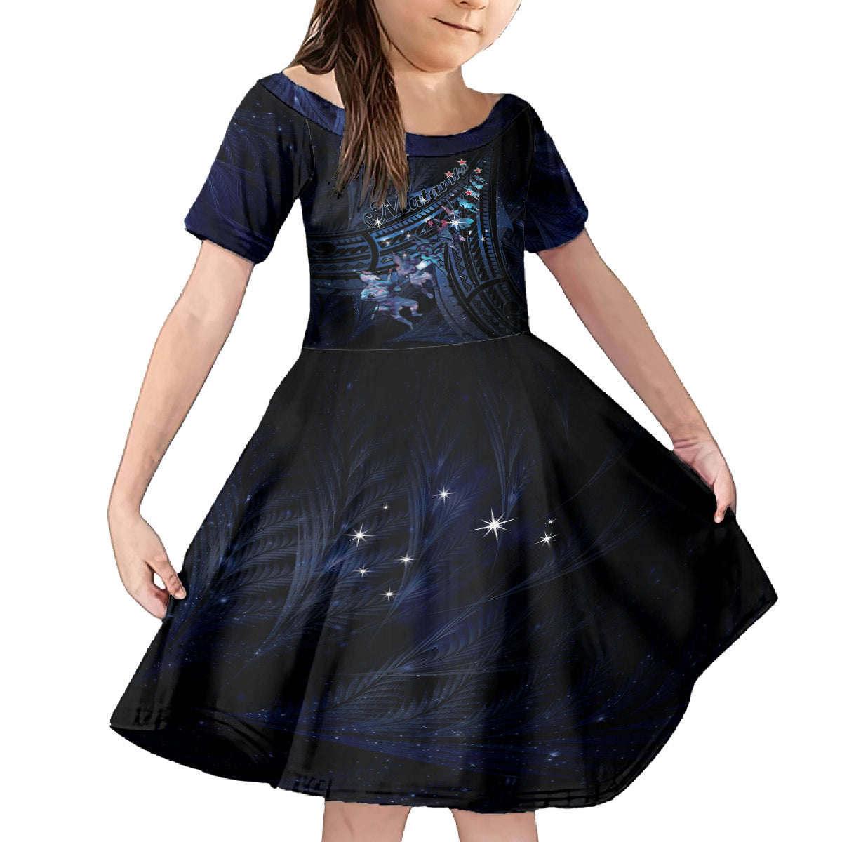 Personalised Matariki Paua Shell New Zealand Family Matching Puletasi and Hawaiian Shirt Haka Dance At The Starry Night LT01 Daughter's Dress Black - Polynesian Pride