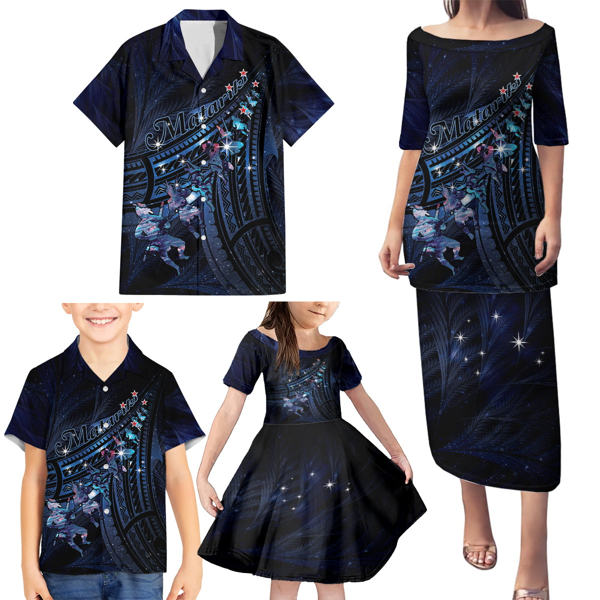 Personalised Matariki Paua Shell New Zealand Family Matching Puletasi and Hawaiian Shirt Haka Dance At The Starry Night LT01 - Polynesian Pride