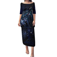 Personalised Matariki Paua Shell New Zealand Family Matching Puletasi and Hawaiian Shirt Haka Dance At The Starry Night LT01 Mom's Dress Black - Polynesian Pride