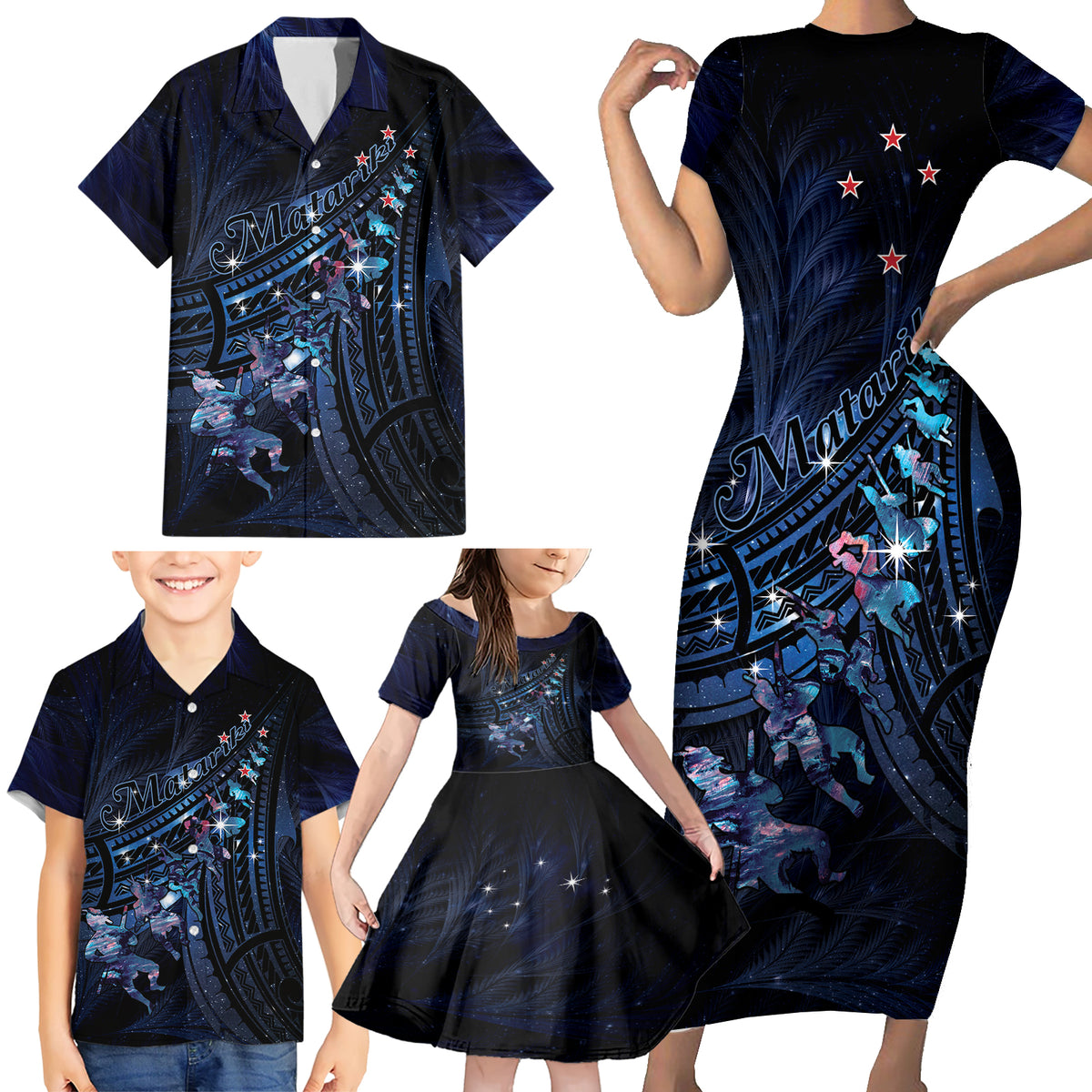 Personalised Matariki Paua Shell New Zealand Family Matching Short Sleeve Bodycon Dress and Hawaiian Shirt Haka Dance At The Starry Night LT01 - Polynesian Pride