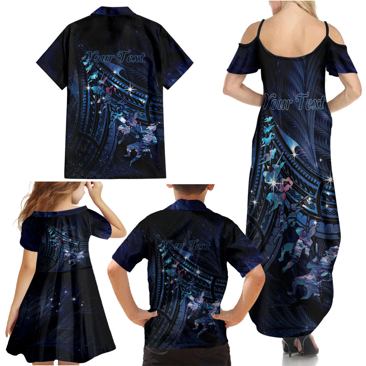 Personalised Matariki Paua Shell New Zealand Family Matching Summer Maxi Dress and Hawaiian Shirt Haka Dance At The Starry Night LT01 - Polynesian Pride
