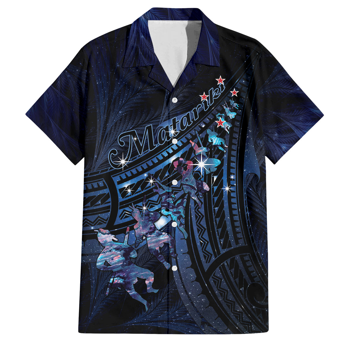 Personalised Matariki Paua Shell New Zealand Family Matching Summer Maxi Dress and Hawaiian Shirt Haka Dance At The Starry Night LT01 Dad's Shirt - Short Sleeve Black - Polynesian Pride