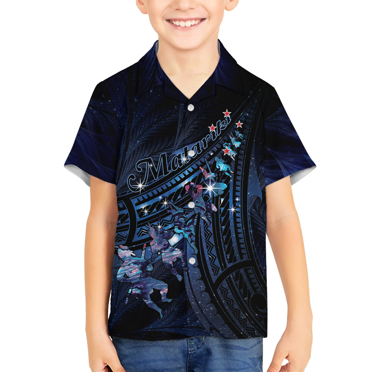 Personalised Matariki Paua Shell New Zealand Family Matching Tank Maxi Dress and Hawaiian Shirt Haka Dance At The Starry Night LT01 Son's Shirt Black - Polynesian Pride