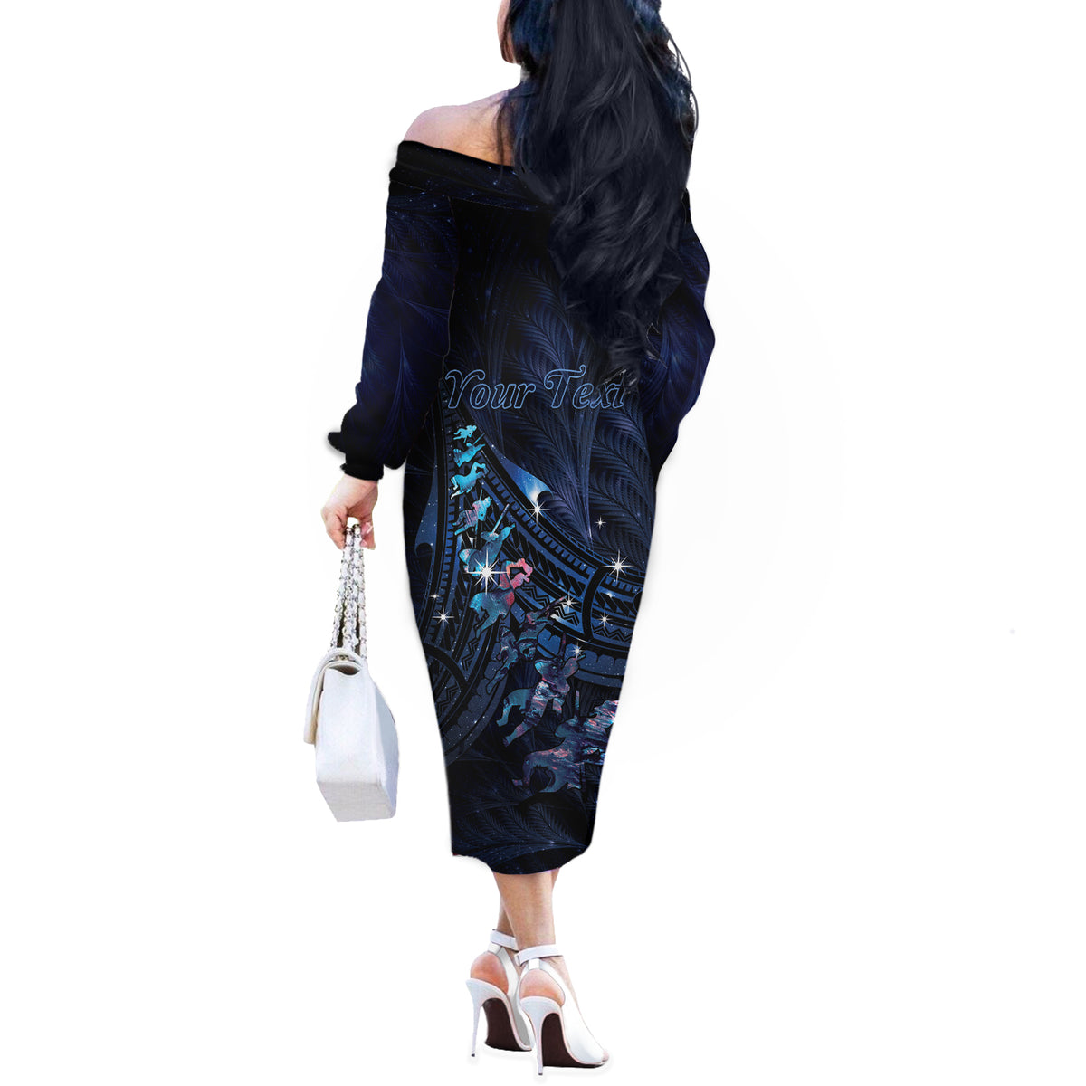 Personalised Matariki Paua Shell New Zealand Off The Shoulder Long Sleeve Dress Haka Dance At The Starry Night LT01 - Polynesian Pride