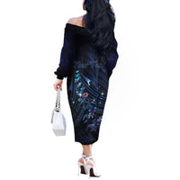 Personalised Matariki Paua Shell New Zealand Off The Shoulder Long Sleeve Dress Haka Dance At The Starry Night LT01 - Polynesian Pride