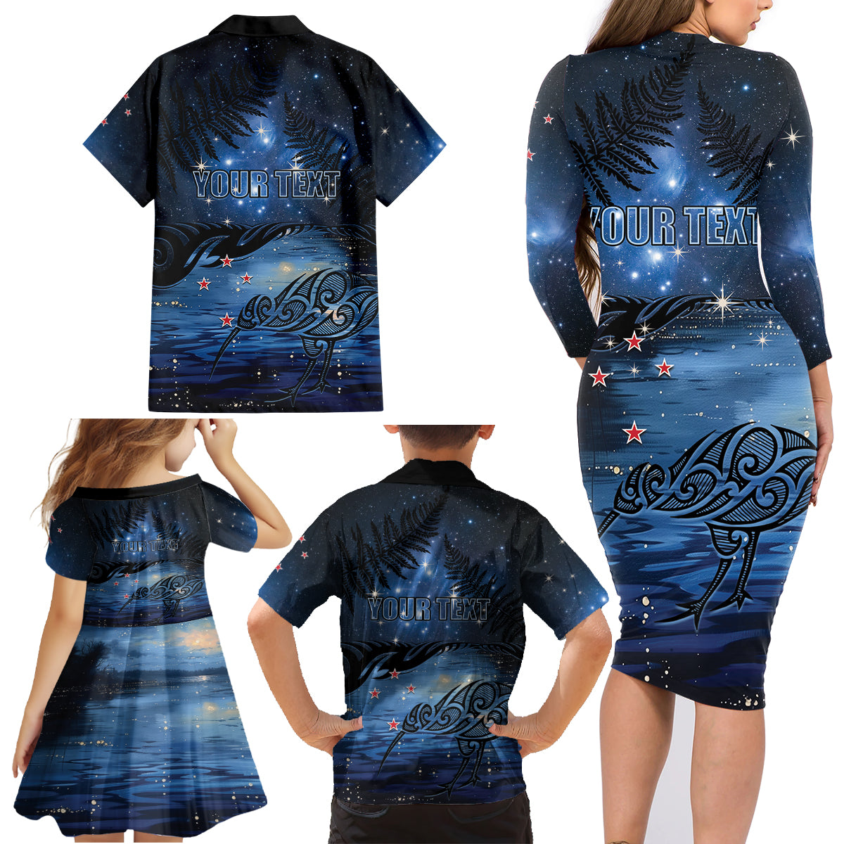 Personalised Matariki Kiwi Family Matching Long Sleeve Bodycon Dress and Hawaiian Shirt Silver Fern LT01 - Polynesian Pride