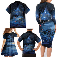 Personalised Matariki Kiwi Family Matching Long Sleeve Bodycon Dress and Hawaiian Shirt Silver Fern LT01 - Polynesian Pride