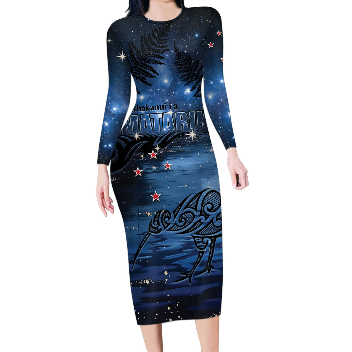 Personalised Matariki Kiwi Family Matching Long Sleeve Bodycon Dress and Hawaiian Shirt Silver Fern LT01 Mom's Dress Black - Polynesian Pride