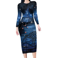 Personalised Matariki Kiwi Family Matching Long Sleeve Bodycon Dress and Hawaiian Shirt Silver Fern LT01 Mom's Dress Black - Polynesian Pride