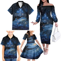 Personalised Matariki Kiwi Family Matching Off The Shoulder Long Sleeve Dress and Hawaiian Shirt Silver Fern LT01 - Polynesian Pride