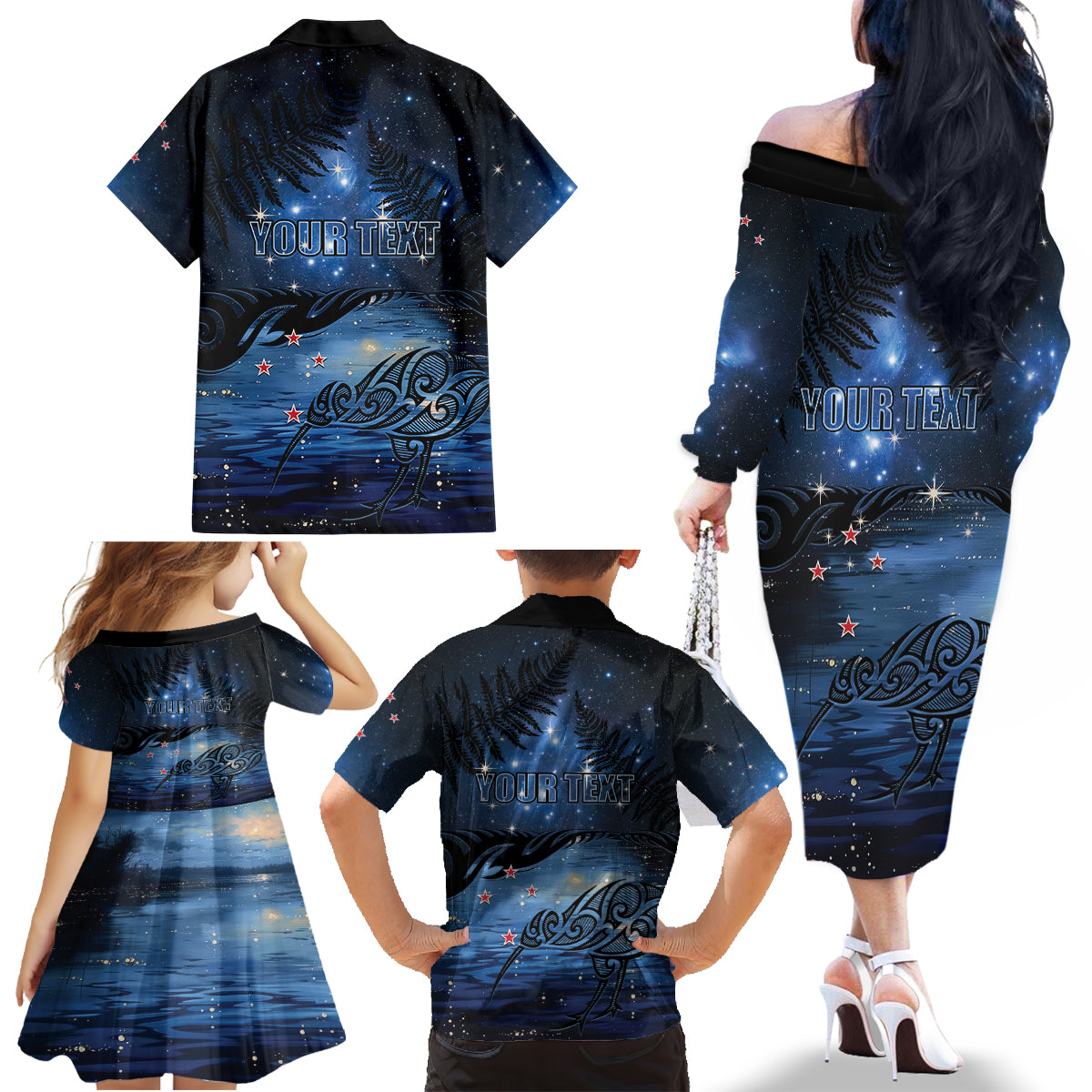 Personalised Matariki Kiwi Family Matching Off The Shoulder Long Sleeve Dress and Hawaiian Shirt Silver Fern LT01 - Polynesian Pride