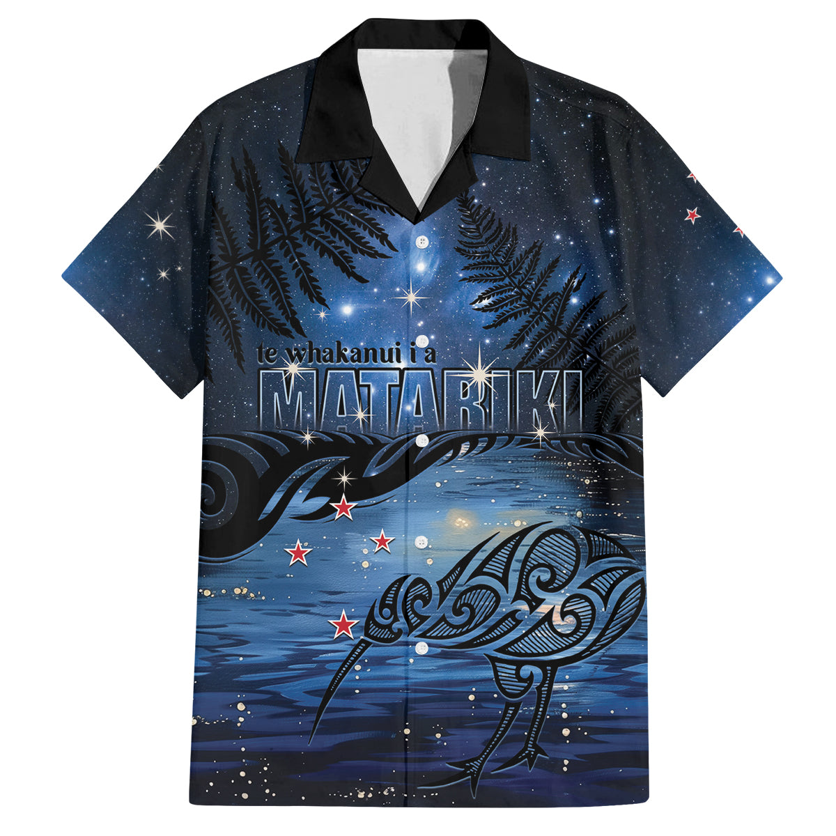 Personalised Matariki Kiwi Family Matching Off The Shoulder Long Sleeve Dress and Hawaiian Shirt Silver Fern LT01 Dad's Shirt - Short Sleeve Black - Polynesian Pride