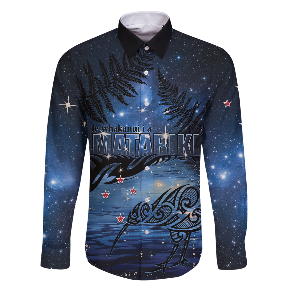 Personalised Matariki Kiwi Family Matching Off The Shoulder Long Sleeve Dress and Hawaiian Shirt Silver Fern LT01 Dad's Shirt - Long Sleeve Black - Polynesian Pride