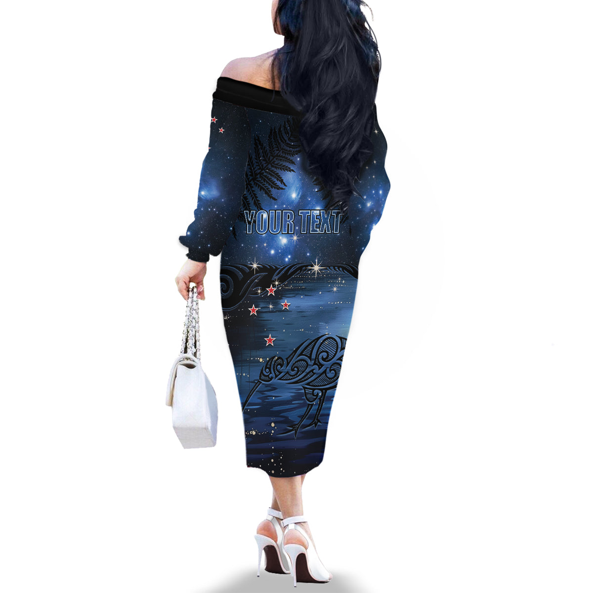 Personalised Matariki Kiwi Family Matching Off The Shoulder Long Sleeve Dress and Hawaiian Shirt Silver Fern LT01 - Polynesian Pride