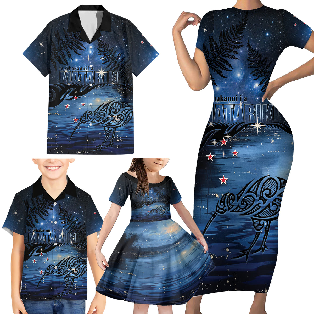 Personalised Matariki Kiwi Family Matching Short Sleeve Bodycon Dress and Hawaiian Shirt Silver Fern LT01 - Polynesian Pride