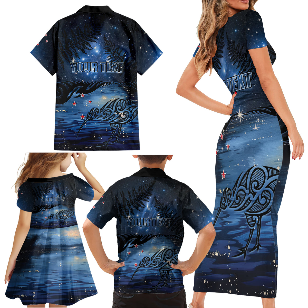 Personalised Matariki Kiwi Family Matching Short Sleeve Bodycon Dress and Hawaiian Shirt Silver Fern LT01 - Polynesian Pride