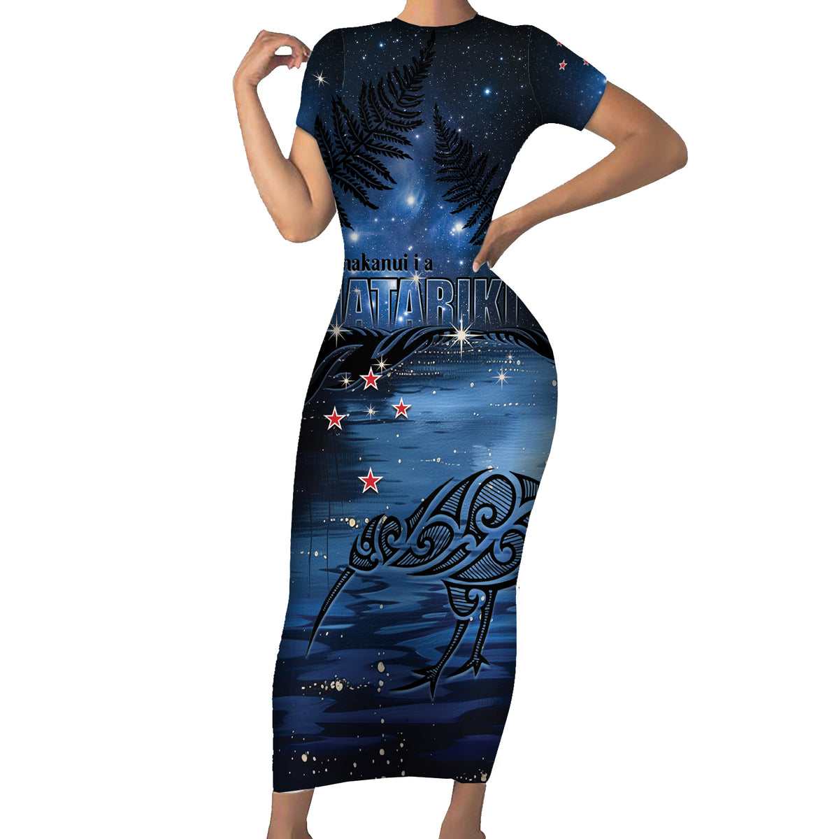 Personalised Matariki Kiwi Family Matching Short Sleeve Bodycon Dress and Hawaiian Shirt Silver Fern LT01 Mom's Dress Black - Polynesian Pride