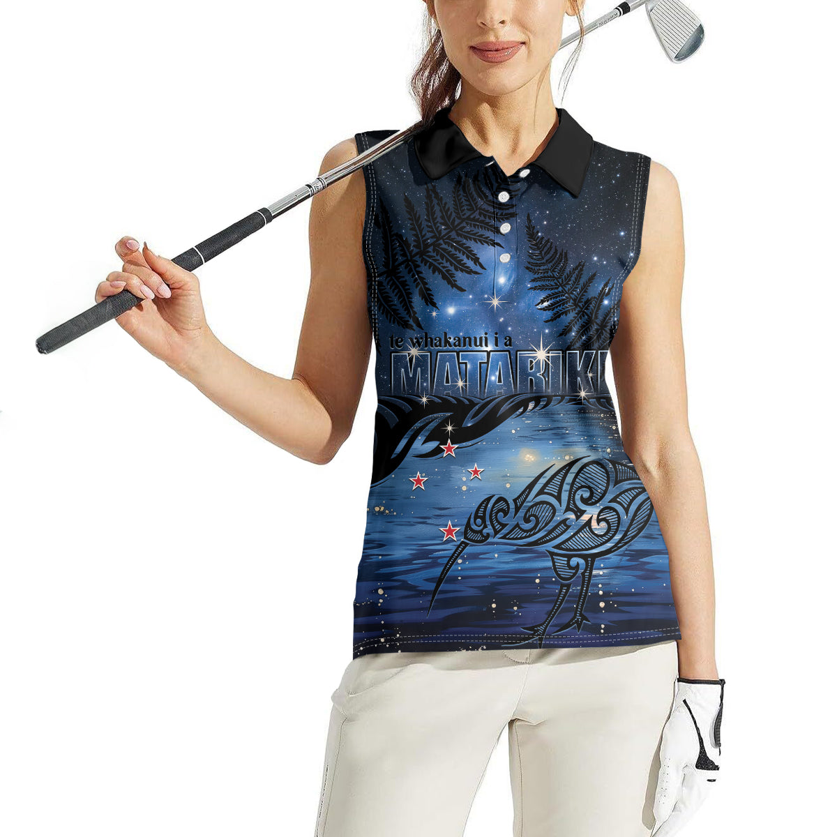 Personalised Matariki Kiwi Women Sleeveless Polo Shirt Silver Fern