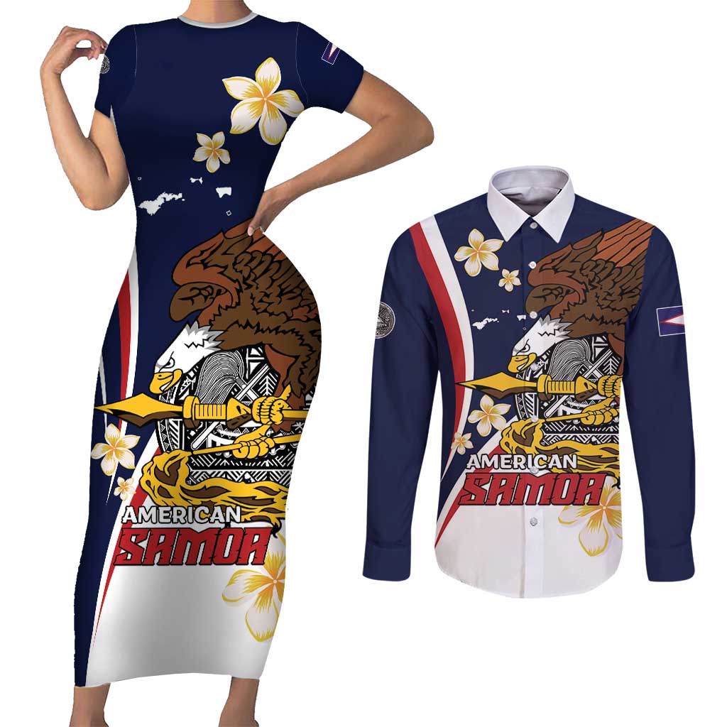 Personalized American Samoa Couples Matching Short Sleeve Bodycon Dress and Long Sleeve Button Shirt Amerika Samoa Bald Eagle