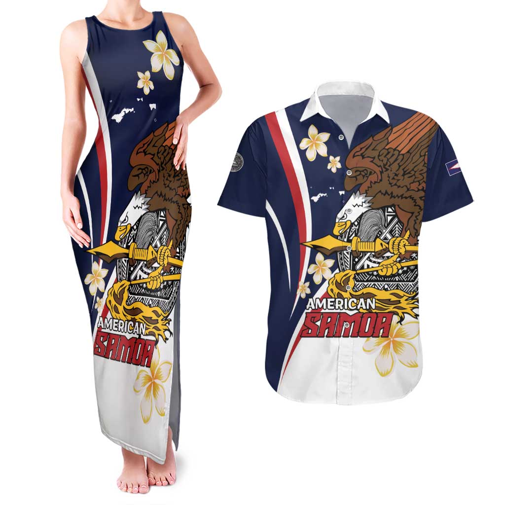 Personalized American Samoa Couples Matching Tank Maxi Dress and Hawaiian Shirt Amerika Samoa Bald Eagle