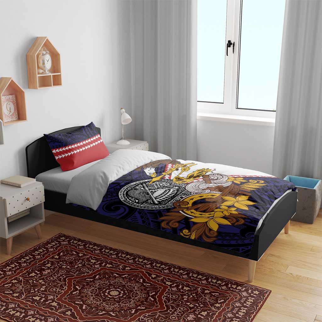 American Samoa Eagle Kava Bowl Bedding Set Plumeria Polynesian Pattern