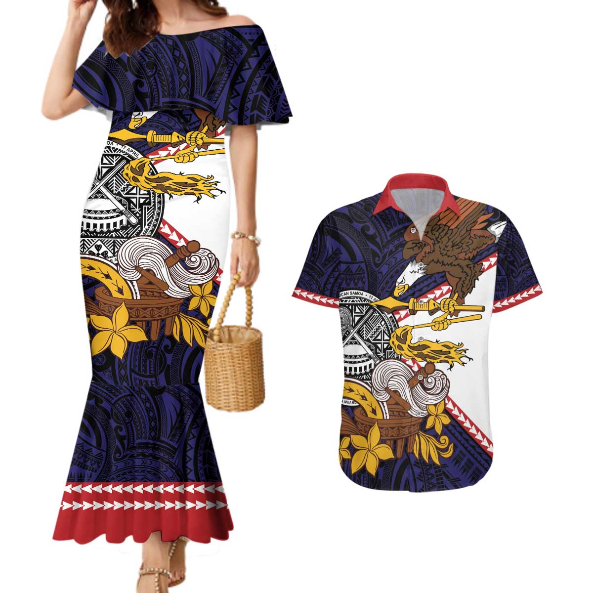 American Samoa Eagle Kava Bowl Couples Matching Mermaid Dress and Hawaiian Shirt Plumeria Polynesian Pattern