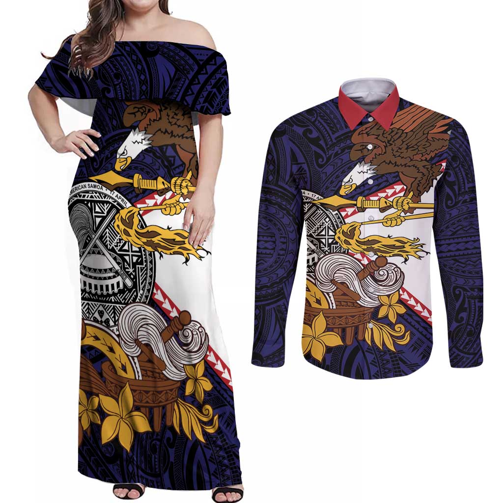 American Samoa Eagle Kava Bowl Couples Matching Off Shoulder Maxi Dress and Long Sleeve Button Shirt Plumeria Polynesian Pattern