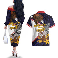 American Samoa Eagle Kava Bowl Couples Matching Off The Shoulder Long Sleeve Dress and Hawaiian Shirt Plumeria Polynesian Pattern