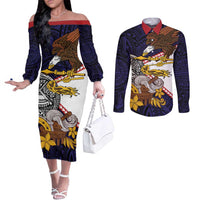 American Samoa Eagle Kava Bowl Couples Matching Off The Shoulder Long Sleeve Dress and Long Sleeve Button Shirt Plumeria Polynesian Pattern