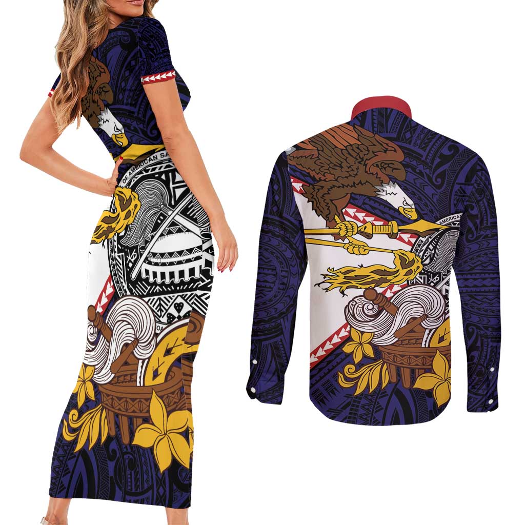 American Samoa Eagle Kava Bowl Couples Matching Short Sleeve Bodycon Dress and Long Sleeve Button Shirt Plumeria Polynesian Pattern