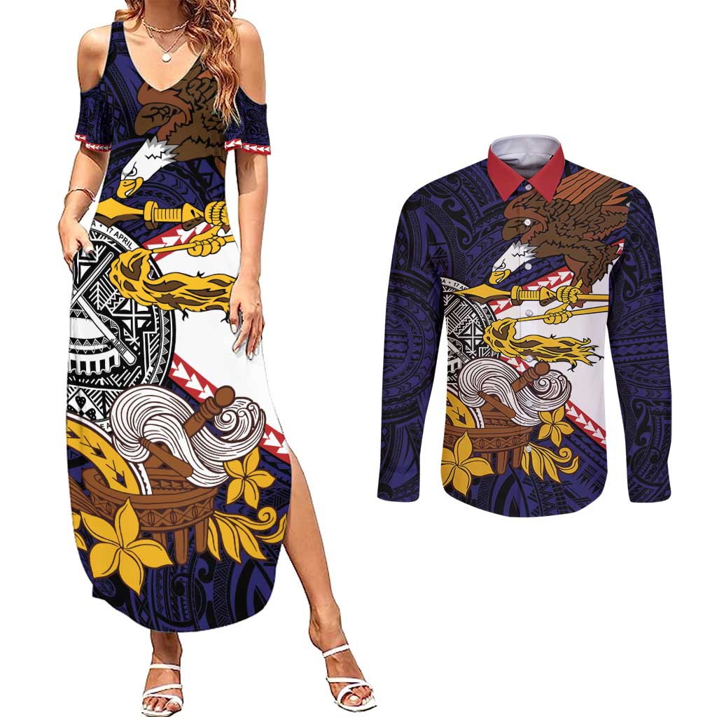 American Samoa Eagle Kava Bowl Couples Matching Summer Maxi Dress and Long Sleeve Button Shirt Plumeria Polynesian Pattern