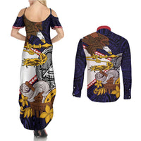 American Samoa Eagle Kava Bowl Couples Matching Summer Maxi Dress and Long Sleeve Button Shirt Plumeria Polynesian Pattern