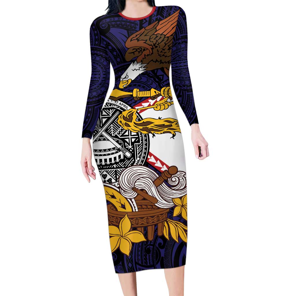 American Samoa Eagle Kava Bowl Family Matching Long Sleeve Bodycon Dress and Hawaiian Shirt Plumeria Polynesian Pattern